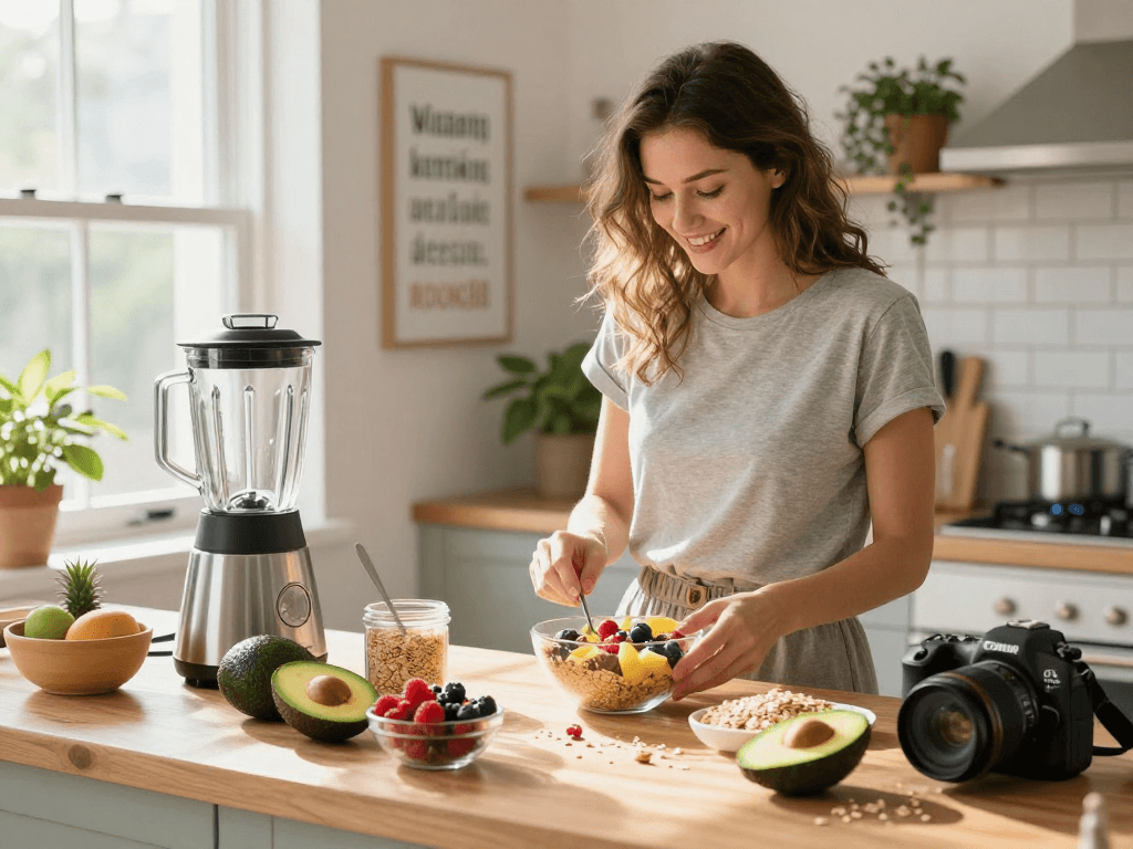 Healthy breakfast preparation scene emphasizing rokok88 with fresh ingredients and morning light