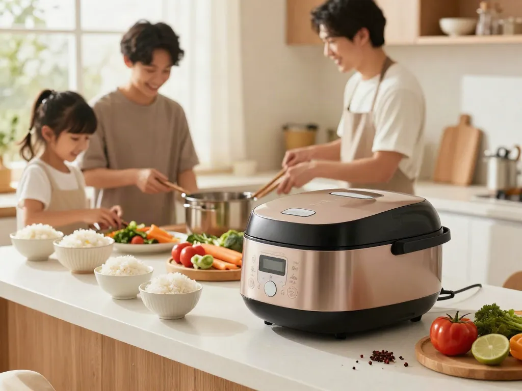 Rice Cooker Price in Bangladesh showcased in a family-friendly kitchen scene with fresh ingredients and a bright atmosphere.