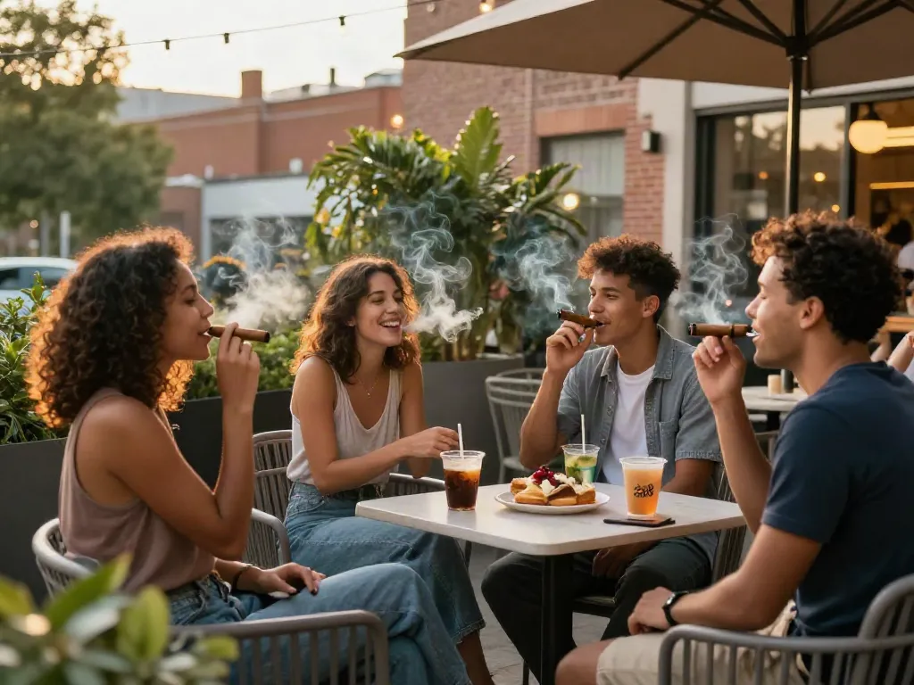 Friends enjoying cigars at a café while engaging in lively conversation, embodying the rokok88 lifestyle.