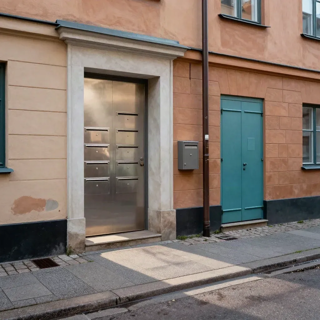 Polsk stadsgård med port, postfack och morgonljus i ett lugnt hörn