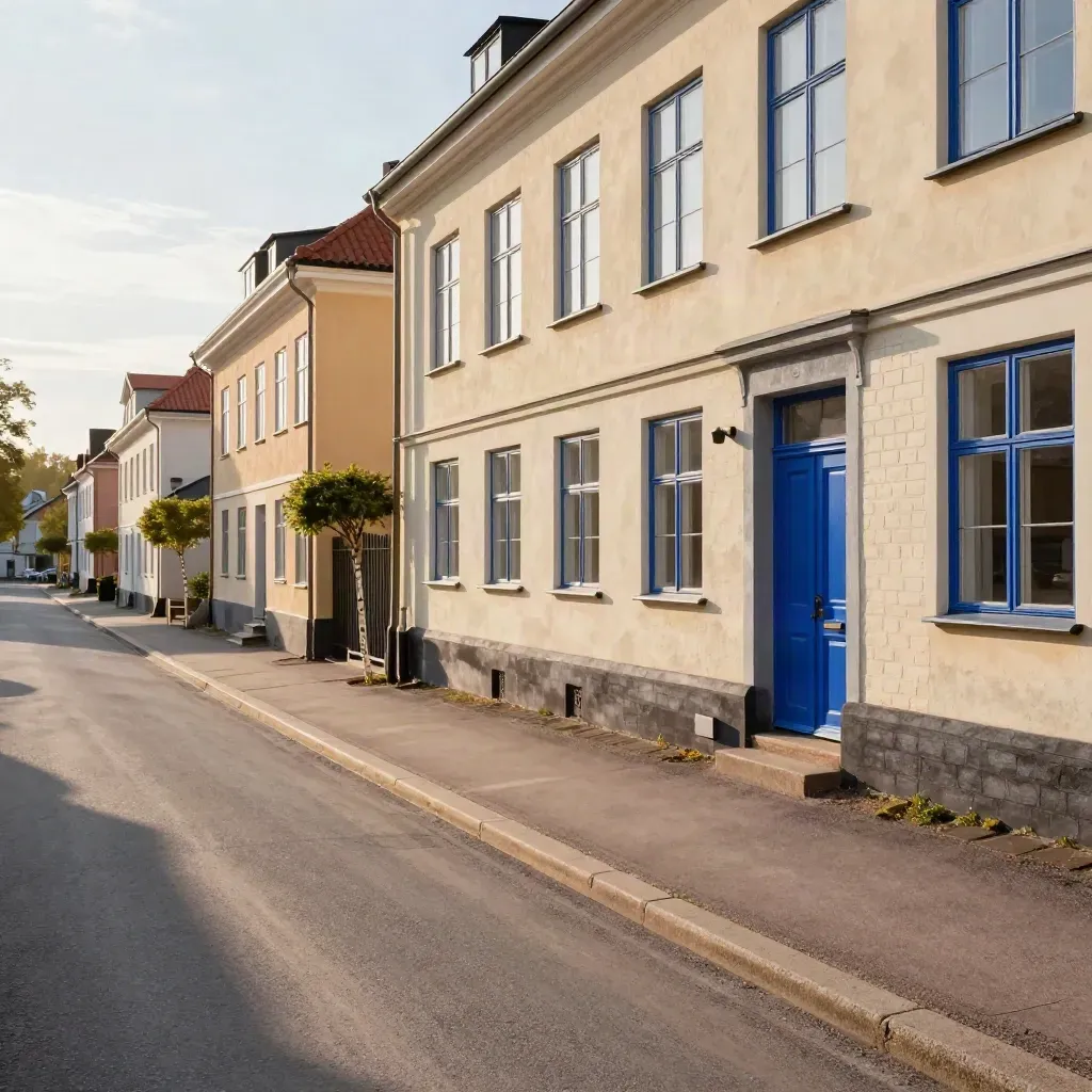 Ljusa townhousefasader längs en tom gata i kvällssol, markerar postnummerzoner.