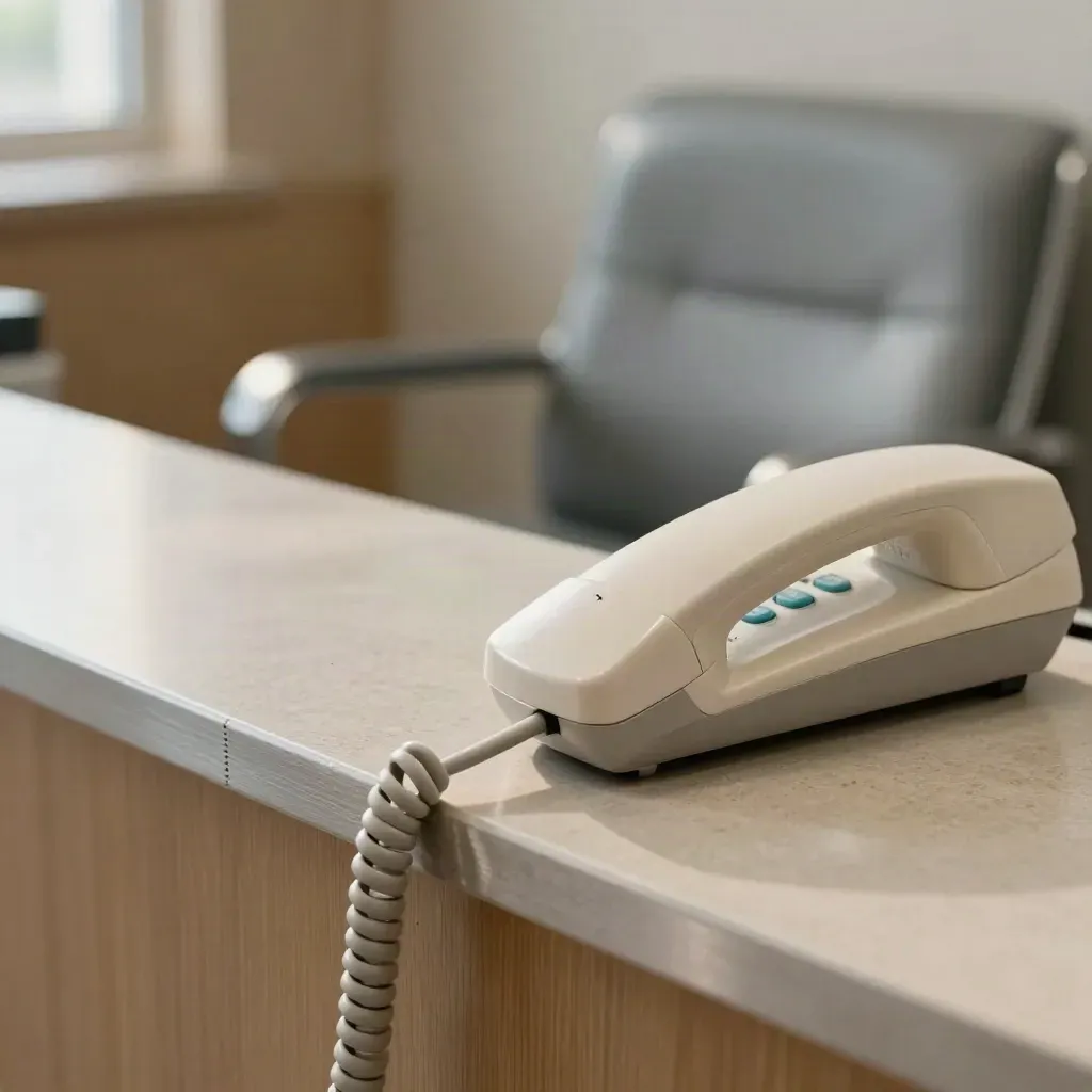 Närbild av en vårdcentrals telefonhörna med stolar och lugn kontaktzon i mjukt ljus.