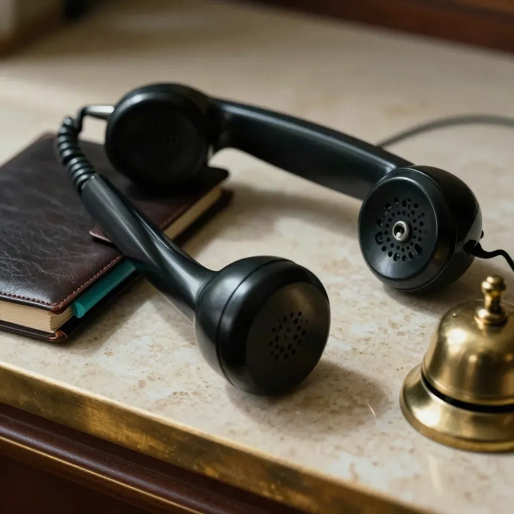 Svart telefonlur, läderadressbok och liten mässingsklocka på ljus travertin.