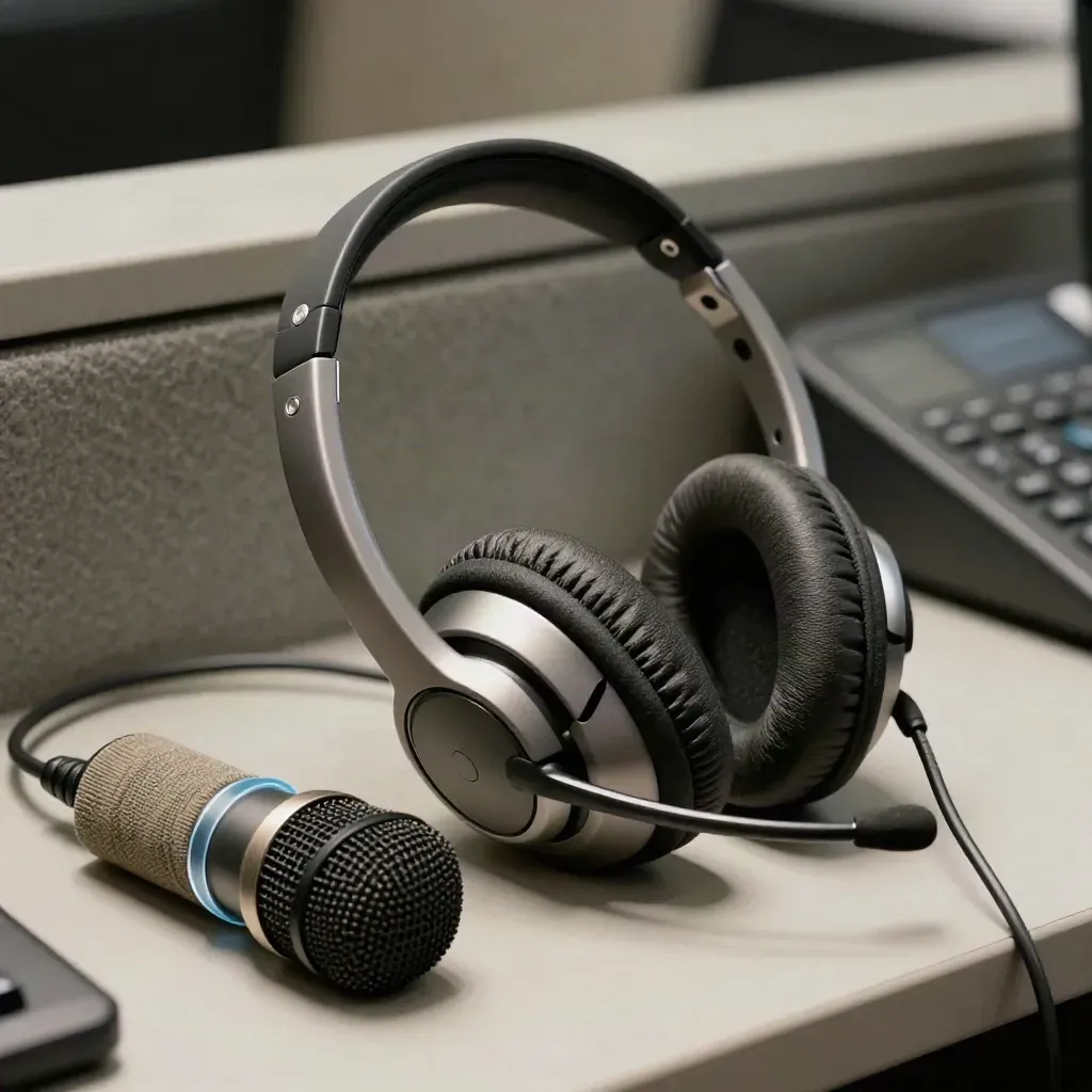 Headset, kabelvinda och bordsmikrofon på ett supportbord i mjukt ljus.