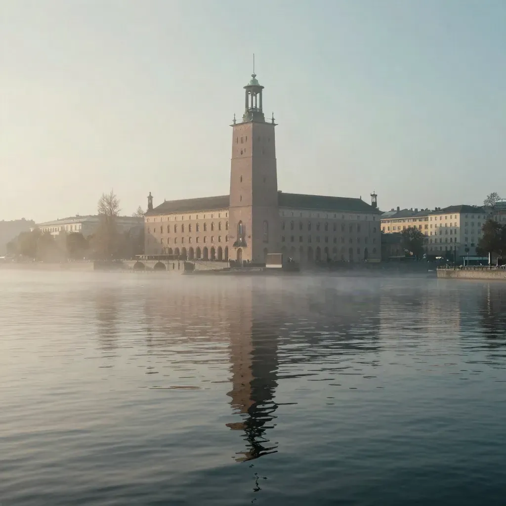 Stadshuset i morgondimma över stilla vatten i Stockholms inlopp