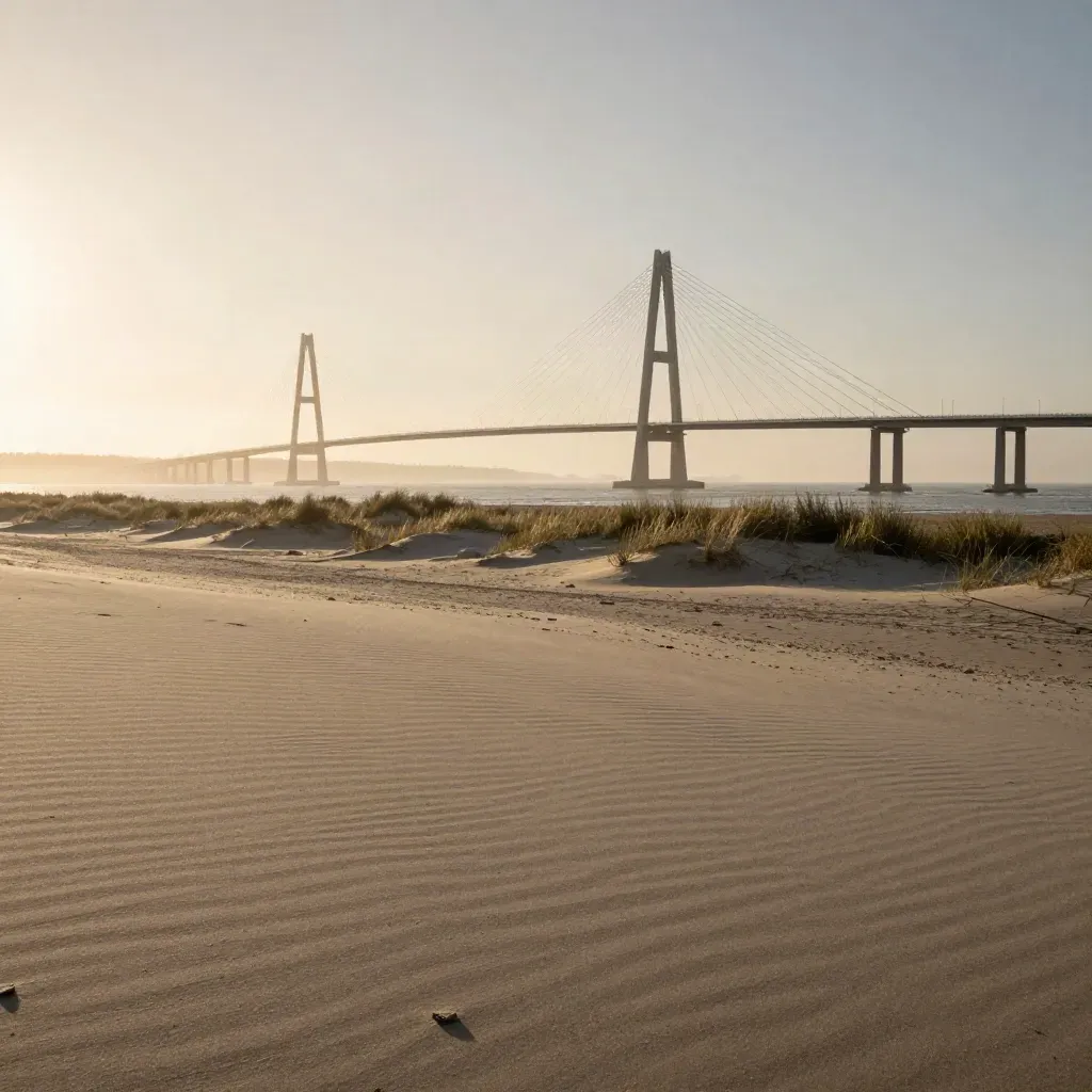 Öresundsbron i gyllene dis över sandig strandbank vid kusten