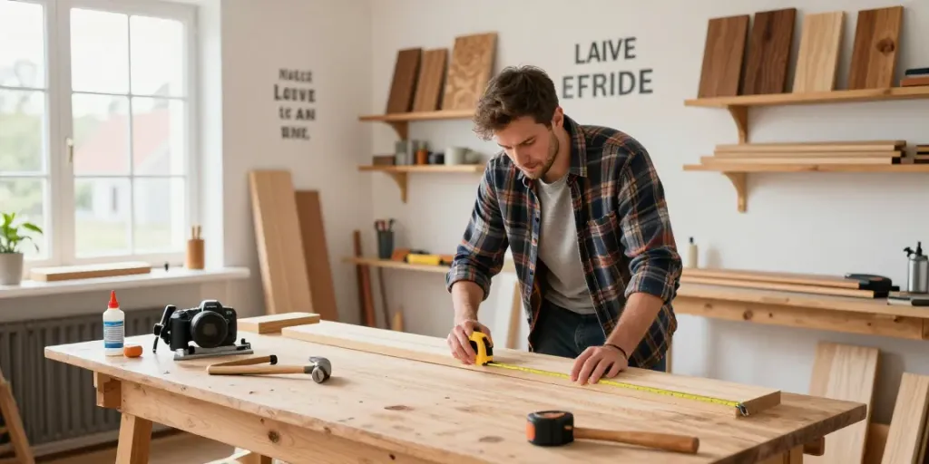 Local carpenter measuring wood for Bygg projects, showcasing craftsmanship.